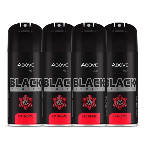 ABOVE Black Series Body Spray, Extreme, 4 pcs - Deodorant Spray - Woody Fragrance - Masks Perspiration Odors - Long-Lasting Dry Spray - Cruelty-Free