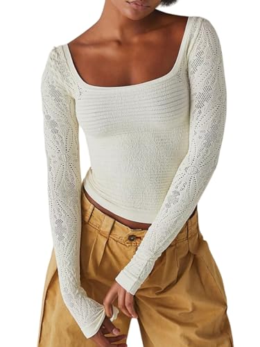 Image of Womens Long Sleeve Square Neck Sweater 2025 Ribbed Knit Crop Sweater Slim Fitted Crochet Solid Tops White