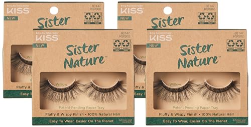 KISS Lashes Sister Nature False Eyelashes, Easy to Wear & Easier on the Planet, 100% Natural Hair, Wispy and Fluffy Lash Finish, Reusable - Willow, 1 Pair (Pack of 4)