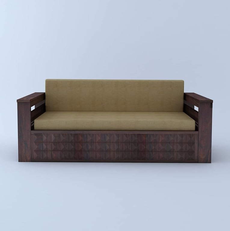 Image of Solid Sheesham Wood Sofa Cum Bed 2 Seater | Wooden Foldable Double Bed for Living Room with Headboard & Storage | Bed Cum Sofa with Mattress for Home | Diamond Design (Walnut Finish)