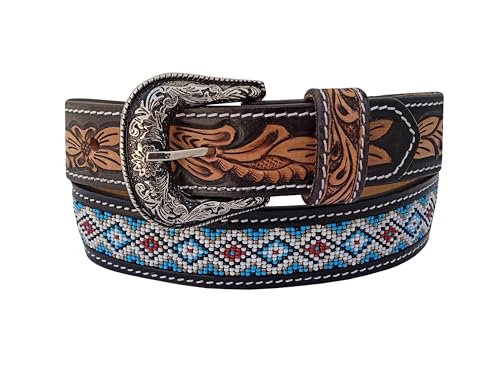 Western Beaded Belts For Young Adults Tooled Leather Heavy Duty Kids Beaded Belt 40IS1072