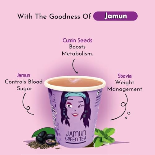 Image of Cup-ji Ready to Sip Jamun Green Tea | Fruity,Non Bitter Tasty & Whole Leaf Green Tea | Desi Kala Khatta | 10 Cups with Each Cup Size 210 ml