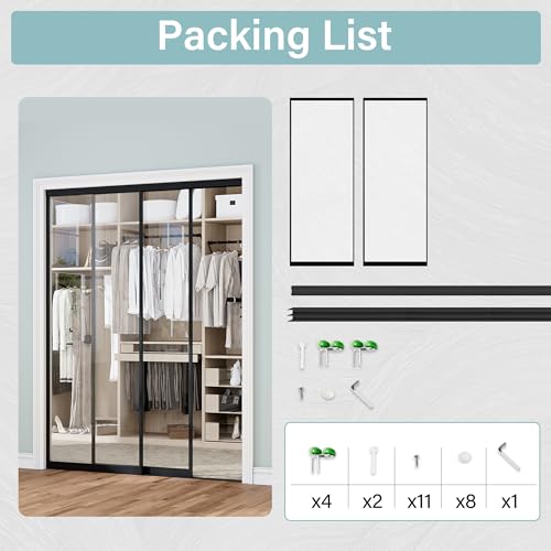 Image of Sliding Closet Doors 48 inch x 80 inch(Double 24.4 inch x 80 inch), 1-Panel Clear Glass Doors Aluminum Frame with Hardware Kit & Guide, Interior Door for Bedroom No Assembly Required, Black