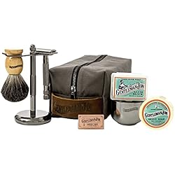 Gentleman Jon Deluxe Safety Razor Shaving Kit | Vintage Wet Shave Grooming Set for Men - Includes: Safety Razor, Hair Shaving Brush, Alum Block, Shave Soap, Bowl, Razor Blades, Shave Stand & Dopp Kit