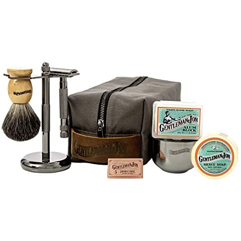 Gentleman Jon Deluxe Vintage Wet Shave Grooming Set for Men - Safety Razor, Brush, Alum Block, Soap, Bowl, Blades, Stand & Dopp Kit Cover