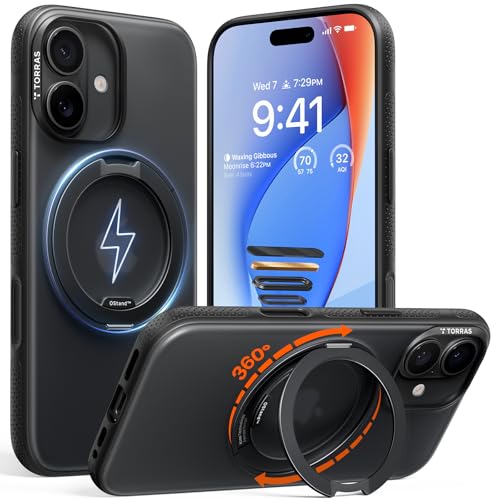 Image of TORRAS 360 Magnetic Stand for iPhone 17 Case, [Rotatable Sturdy Kickstand][Fit for MagSafe][4X Mil-Grade Shockproof] Slim Translucent Phone Cover, Camera Button, Obsidian Black, Ostand O3 Fitness