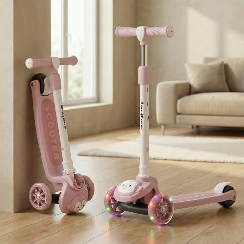 Baybee 3 Wheel Kick Scooter for Kids with LED PU Flashing Wheels Rear Brake 4-Height Adjustable Handle | Foldable Lightweight & Durable Runner Scooter for Boys Girls (Monkey-Light Pink)