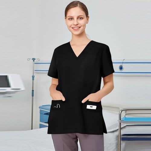 Image of FONMA Scrub Tops Women Plus Size Stretchy V-Neck Scrub Shirts with 4 Pockets Breathable Short Sleeve Nurse Uniforms