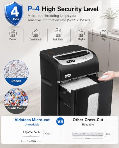 Image of VidaTeco 18-Sheet Paper Shredder for Home Office Heavy Duty Micro Cut | 60-Minute Micro Cut P-4 Security, Auto-Reverse Anti-Jam System, 7.9-Gallon Pullout Bin, Shreds Staples /CD /Credit Cards (ETL)