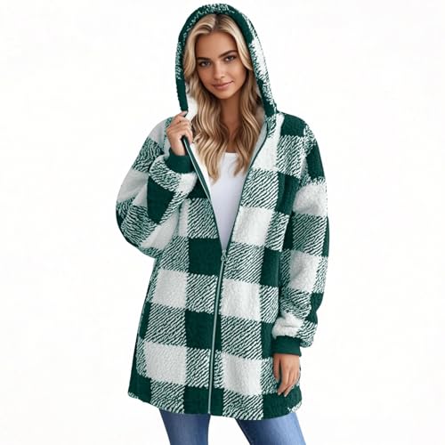 Plaid Sherpa Jacket Women Plus Size Fleece Zip Up Jacket Soft Fuzzy Oversized Hoodie Faux Fur Fall Coats with Pockets2