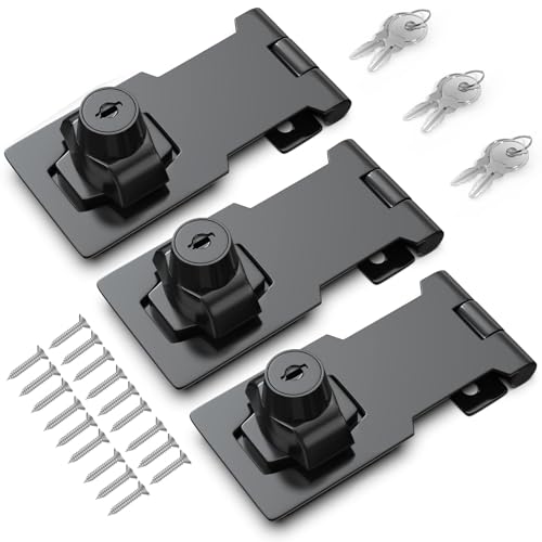 Image of 3 Inch Keyed Hasp Lock for Cabinets & Small Doors, Twist Knob Design, Heavy Duty Zinc Alloy with Chrome-Plated Iron, Includes Keys & Screws - Black, 3 Pack
