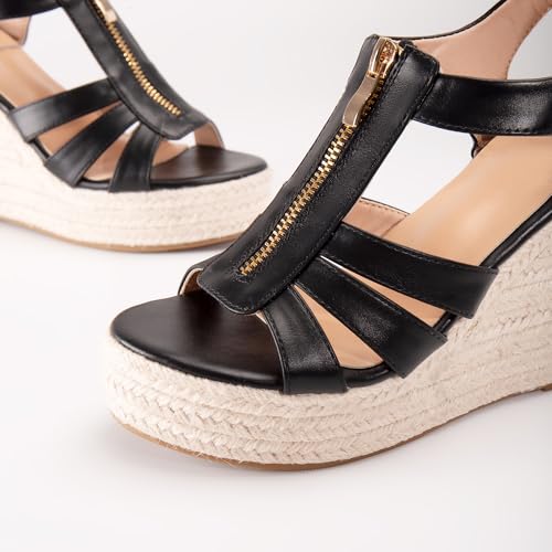 Image of Womens Front Zipper Espadrille Wedge Sandals Dressy, High Heel Platform Sandals Open Toe Slingback, Comfy Sexy Summer Wedges Sandals