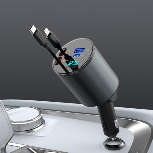 Multi Retractable Car Charger, 4 in 1 Car Fast Charger 100W Retractable Cables (2.6FT) iPhone+Type C and 2 Charging Ports Compatible with iPhone 15/14/13/12/Pro Max, Samsung Galaxy S23/S22/S20, Google