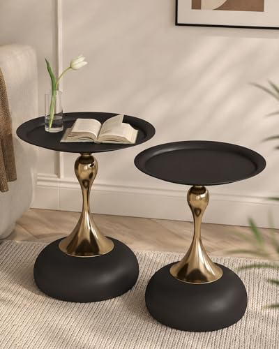 Soayone Lot de 2 Table d'appoint Ronde Noir Doré, Métal Petite Table Basse, Bout de Canape Vintage, Gueridon Salon pour Décoration Intérieure, 40 x 53 cm