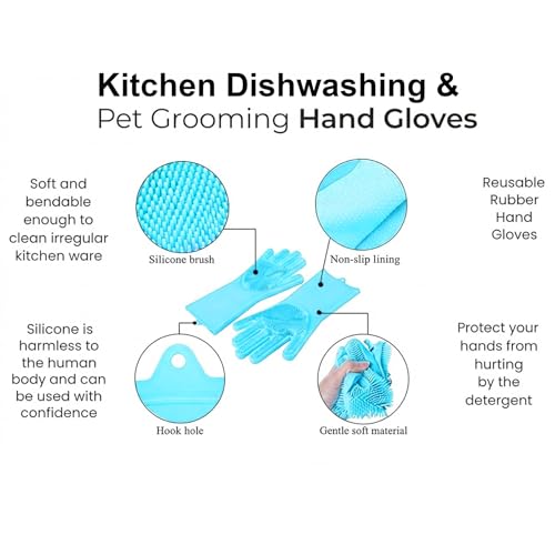 Image of XJ LIVING Magic Silicone Dishwashing Gloves for Kitchen Cleaning, Reusable Silicone Hand Gloves for Dish Wash, Car Wash, Bathroom Cleaning & Pet Grooming (Multicolour, 1 Pair)