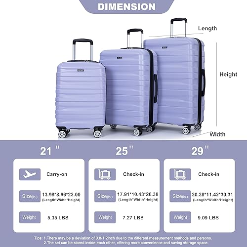 3 Piece Luggage Sets PC Lightweight & Durable Expandable Suitcase with Two Hooks, Double Spinner Wheels, TSA Lock, (21/25/29) Light Purple3