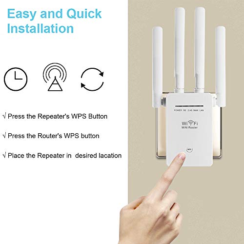 1200Mbps WiFi Booster Range Extender Repeaters, 2.4 & 5GHz Dual Band WPS Wireless Signal 4 Antennas 360° Full Coverage, Extend WiFi Signal to Smart Home & Alex Devices (White)