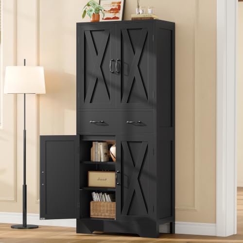 Image of TEENFON Tall Storage Cabinet with 2 Adjustable Shelves & 1 Large Drawer, Kitchen Pantry Cabinet with 4 Doors, Bathroom Storage Cabinets, for Living Room, Kitchen, Bathroom, Black