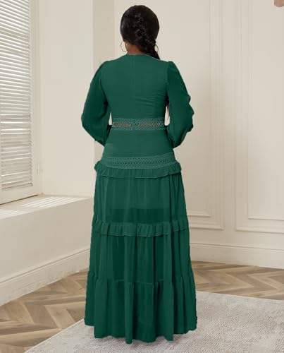 LAJIOJIO Elegant Dresses for Women Wedding Guest,Deep V Neck Puff Long Sleeve Evening Maxi Dress3