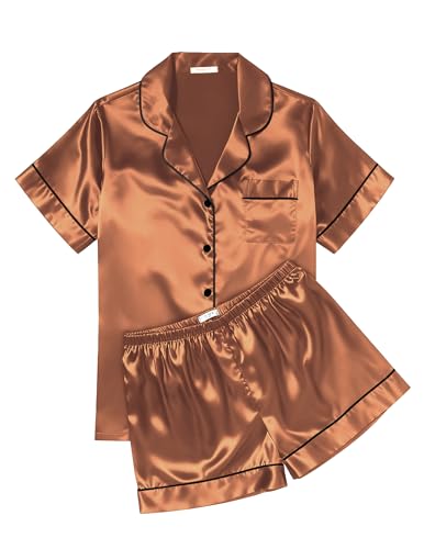 Image of Ekouaer Womens Silk Satin Pajama Sets Soft Short Sleeve Button Down Sleepwear Top and Shorts 2 Piece Pjs Lounge Set