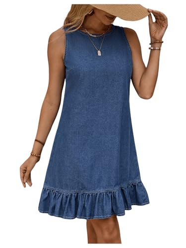 SOLY HUX Women's Denim Dress Sleeveless Button Back Ruffle Short Jean Dresses Cute Summer Tank Dress