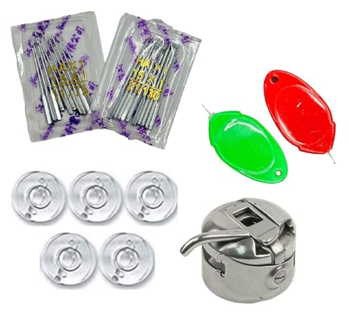 Image of ZENITH Sewing Machine Needles HA Size (11 /75 & 21 /130) - 10pc Each, 5pc Plastic Bobbins, 1 Bobbin Case, 2pc Needle Threader - Suitable for Usha Janome, SINGER, BROTHER Home Sewing Machines