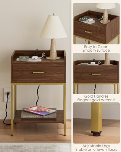 Image of Masupu Nightstand with Charging Station, 3-Tier Modern Bedside Night Stand with Storage Drawer and Shelf, Small End Side Table for Bedroom, Living Room, Walnut