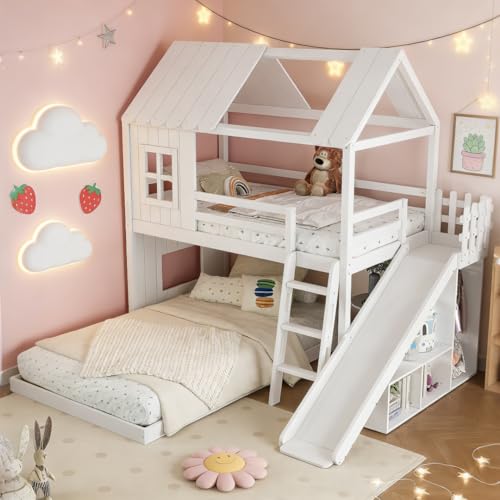 Image of Bellemave Bunk beds Twin Over Full with Slide,Ladders,Bookshelf and Wardrobe House roof Design, Low bunk /loft Bed for Kids,White