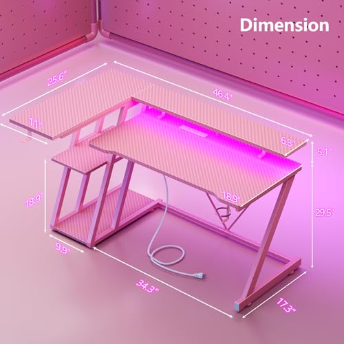 Image of Korfile 47 Inch Pink Gaming Desk with Power Outlet & LED Lights, Corner Computer Desk with 3 Tiers Storage Shelves, L Shaped Gaming Desk with Monitor Stand for Bedroom
