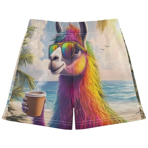Girls Rainbow Llama Coffee Summer Shorts Cute Animal Print Athletic Soft Pajama Shorts Youth Comfy Clothes, X-Small