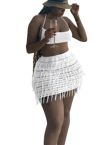 Image of CALEBGAR Women 2 Piece Outfits Sexy Crochet Mini Dress Hollow Tassel Skirts Sets Summer Bandage Tube Tops