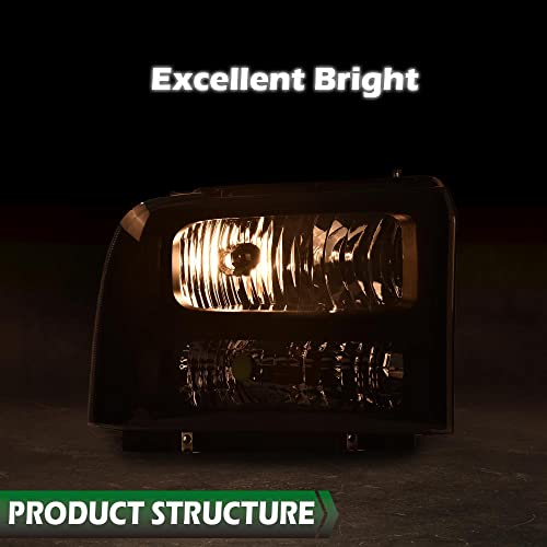 Image of GRAND ORANGE Headlights Assembly Compatible with Ford F250 F350 F450 F550 Super Duty 1999-2004 / Fit Ford Excursion 2000-2004 Headlamp Smoke lens Black Housing Clear Reflector