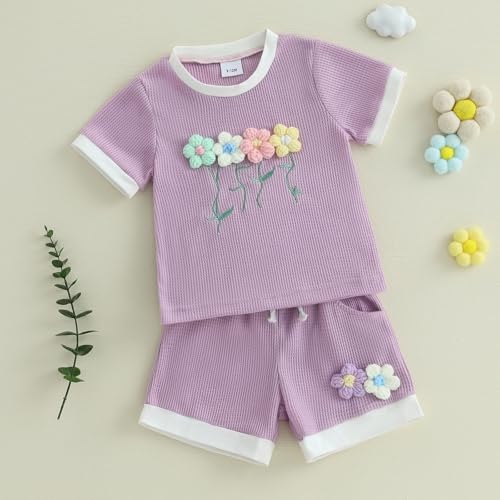 Toddler Baby Girl Outfits 3D Flower Print Waffle Knit Shirt Tops+Jogger Shorts Infant Girl Summer Clothes3