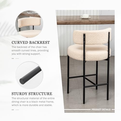 Image of Cinxzar Boucle Bar Stools Set of 2, Beige Counter Height Bar Stools with Backs, Modern Barstools for Kitchen Island, Pub, Club