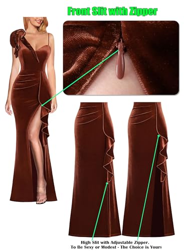 Image of VFSHOW Womens Formal Prom Elegant Ruffle One Shoulder Beaded Strap Ruched Slit Maxi Dress Wedding Evening Long Gown