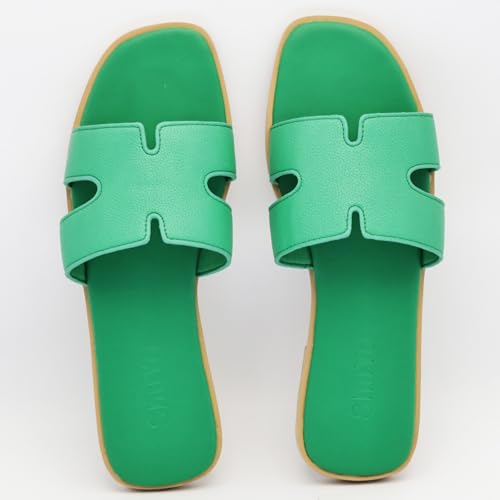 Image of Women's Flat Sandals, Ladies Leather Slippers, Comfy Dressy Slip on Shoes Elegant Slides Summer Fall Spring Cute Open Toe Casual Footwear