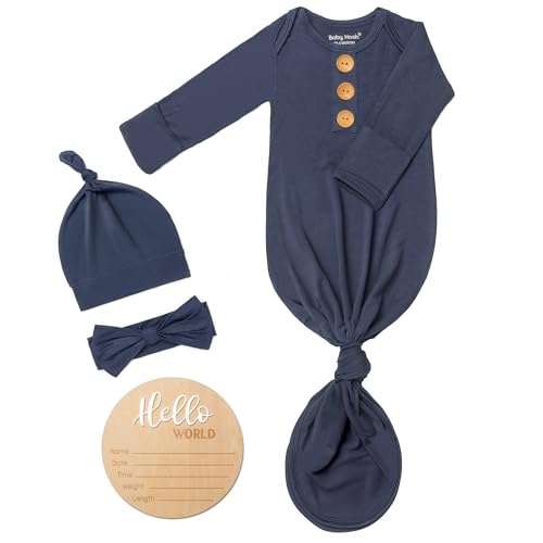 Image of Soft Baby Knot Gown 0-3 Months, Newborn Announcement Sleepers With Mitten Cuffs and Personalized Wooden Name Tag