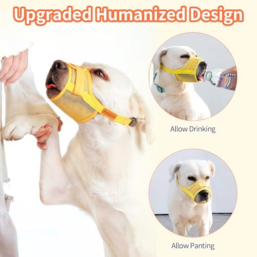 Image of Dog Muzzle, Breathable Mesh for Grooming & Nail Care, Yellow, S | Adjustable head and snout straps, quick-release buckle, soft padded edges