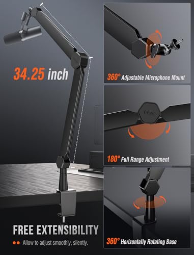 Image of FIFINE Mic Arm Stand, Microphone Boom Arm with Desk Clamp, Cable Channels, 3 /8 inch to 5 /8 inch Threads, Heavy Metal Microphone Stand for Podcast, Vocal Recording, Gaming-BM66 Black