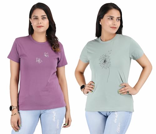 Image of Women's Slim Fit Graphic Printed T-Shirt | Soft 100% Cotton Fabric | Round Neck Half Sleeve Casual Top, Travel & College Pack of 2 Set