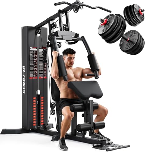 GOIMU Home Gym, M1 Workout Station with 140LBS Weight Stack, Multifunctional Home Gym Equipment with Pulley System & Adjustable Seat for Full Body Strength Training (M1 PRO)