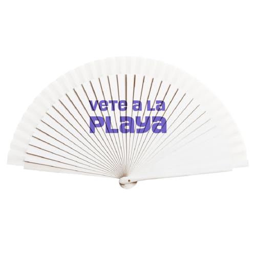 Abanico divertido con frases originales. Abanico colores con mensajes. Ventilador de mano original. Abanico con frase - Vete a la playa -
