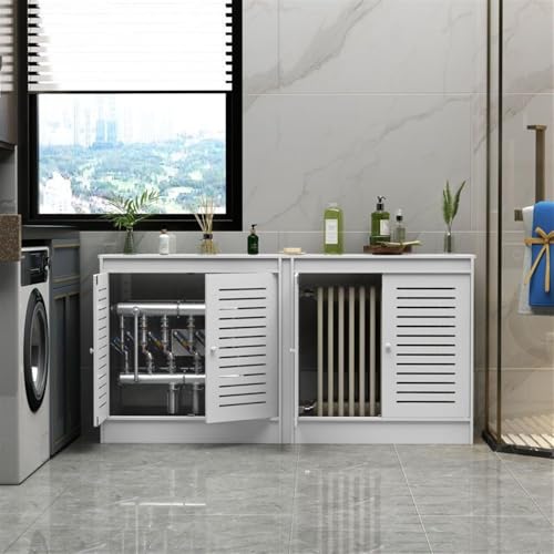 Mueble para radiador de madera con rejilla vertical para evitar impactos visuales 3