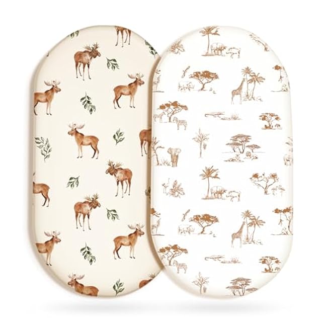 GRSSDER Stretchy Ultra Soft Fitted Bassinet Sheet Set 2 Pack, Universal Fit for Bassinets Baby Cradle Moses Basket Oval Rectangle Pad/Mattress, Happy Dinosaurs Bassinet Sheets for Girls and Boys