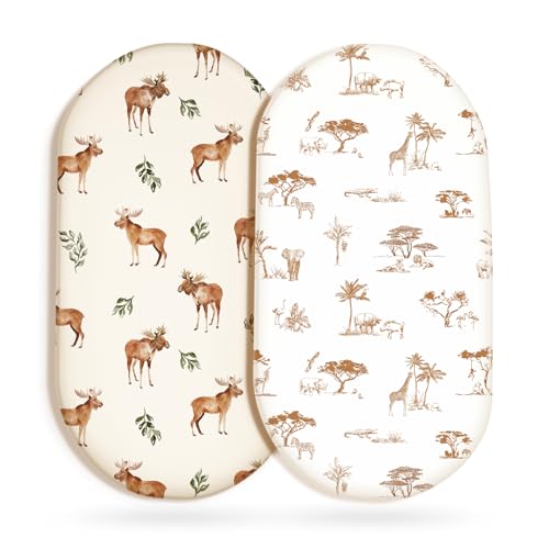 GRSSDER Ultra Soft Bassinet Sheets 2 Pack, Stretchy Breathable Knit Bassinet Mattress Sheets for Baby, Universal Fitted Baby Cradle Moses Basket Oval Rectangle Mattresses Safe and Snug, Animals Print