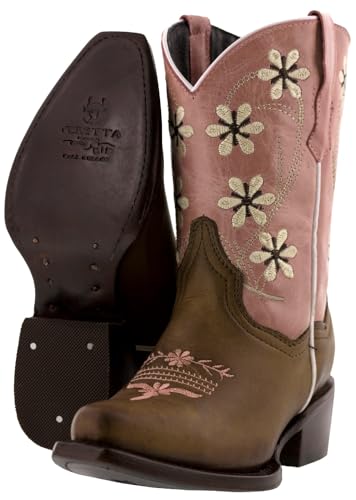 Girls Pink Floral Youth Brown Leather Cowgirl Boots Snip Toe2