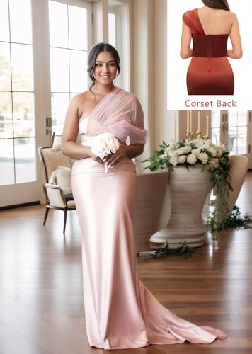 Image of One Shoulder Mermaid Bridesmaid Dresses 2026 Satin Tulle Formal Evening Gowns for Wedding Guest DR0607