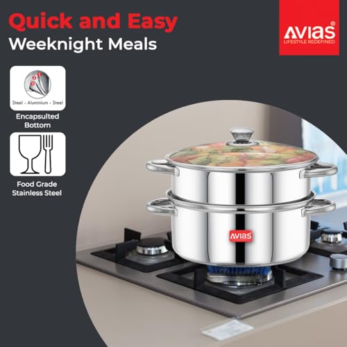 Image of Avias Spectra Stainless Steel Steamer / 22cm for Cooking Vegetable Idli Modak Momo with Strong Side Handles for Easy Use Food Steamer /Cookware Set of 1 / Shiny Mirror Finish / 22cm