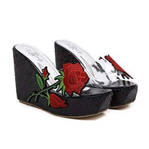 MIOKE Women's Clear Wedge Sandals Glitter Rhinestone Open Toe Slip On High Heel Platform Dress Sandal