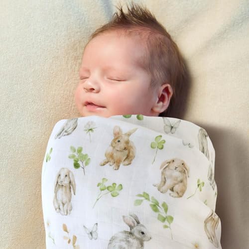 Image of LifeTree Baby Swaddle Blankets, Muslin Swaddle Blankets Boys Girls Swaddling Wrap Receiving Blanket for Newborn, 70% Viscose Bamboo and 30% Cotton, Large 47 inch x 47 inch, Leaf & Rabbit Pattern
